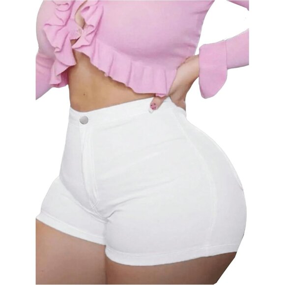 White Women's High Waist Denim Shorts Straight Leg Roll Up Hem Button Jean - Picture 1 of 4
